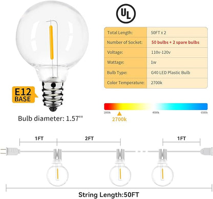 100ft 2-Pack Outdoor String Lights,Dimmable G40 LED String Lights with 52 Shatterproof Clear Bulbs UL Approval Waterproof Globe 1W 2700K Outdoor Lighting for Backyard Porch Cafe Party Wedding Garden
