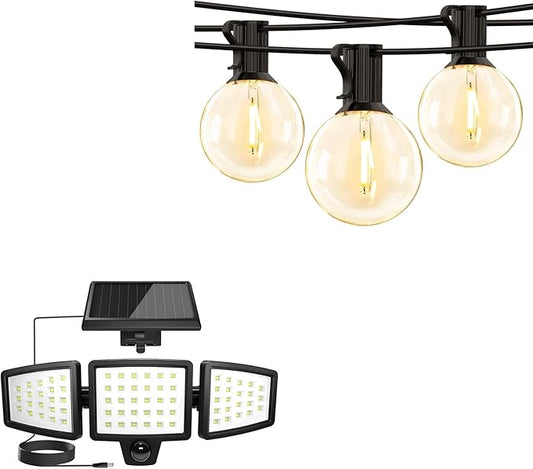 Lepro Bundle - Solar Flood Light 3 Adjustable Heads with Separeted Solar Panel & 50 ft Outdoor String Lights 25 LED G40 Edison Bulbs String Lights