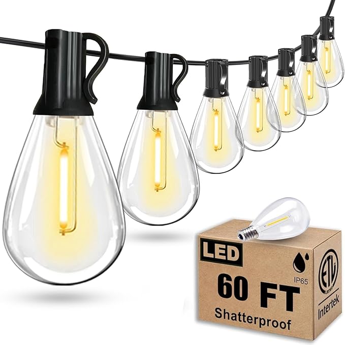 60FT Outdoor String Lights S11 LED Patio with 16+1 Plastic Bulbs(1 Spare),Waterproof Connectable Hanging Lights for Backyard Porch Balcony Party Decor