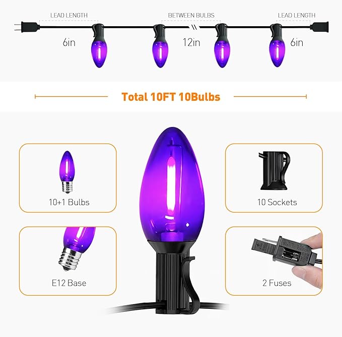 C7 Purple Christmas Lights Outdoor and Indoor 10ft - Halloween LED String Lights with 10 Vintage Bulbs, Waterproof Black Wire for Patio, Roofline, Xmas Tree, Holiday Decor