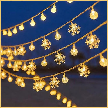 Festival Lights, Battery Powered Fairy Lights 33ft 80LED, Outdoor Waterproof String Lights with Remote, 8 Modes for Indoor, Garden, Patio, Camping, Xmas Decor (Snowflake+Crystal Ball F)