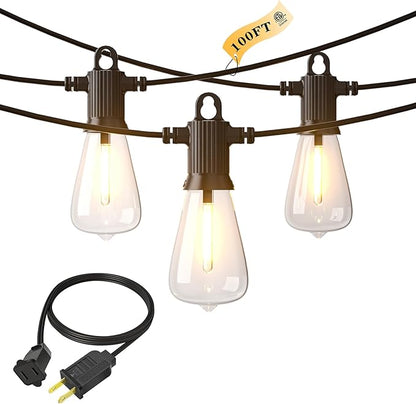 Kawaya 100 FT LED Outdoor String Lights with 50+2 Shatterproof Vintage Edison Bulbs, Dimmable IP65 Waterproof, Perfect for Yard, Porch, Deck, Balcony, Bistro, Cafe, Party