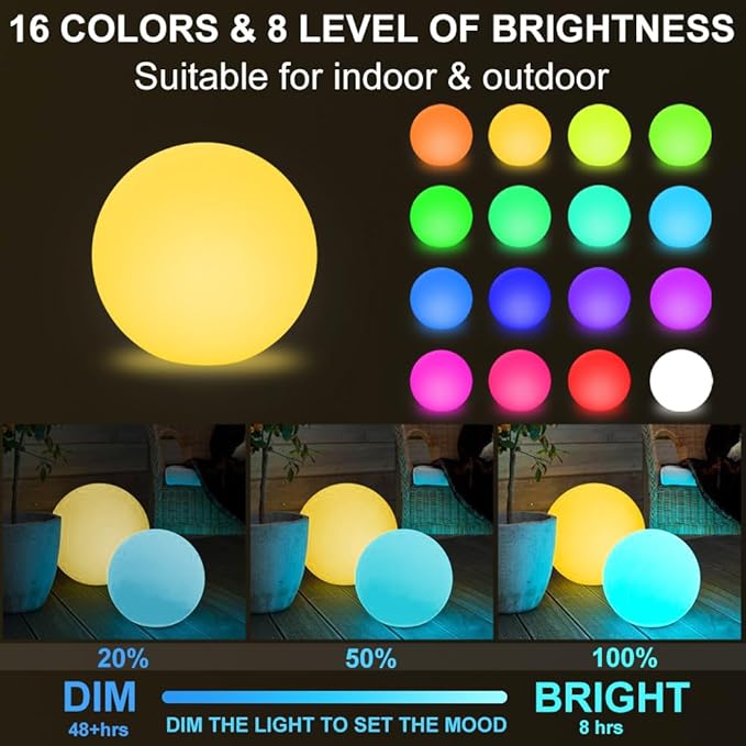 16-inch LED Globe Orb Light, Rechargeable Glowing Ball Light w/Remote, Dimmable RGB Color - Outdoor Wall Light | Lumora