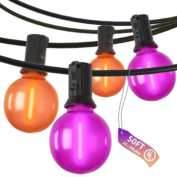 50ft Halloween Outdoor String Lights, G40 LED Halloween Globe Lights with 27 Frosted Orange and Purple Bulbs(2 | Lumora