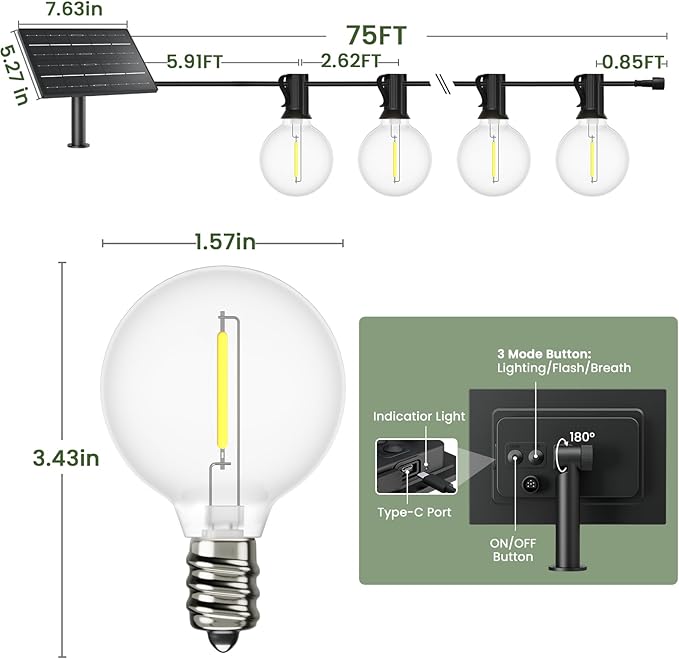 Svater Solar Outdoor String Lights 75 FT, G40 Patio Lights Shatterproof Dimmable Vintage Edison Bulbs, Solar | Lumora