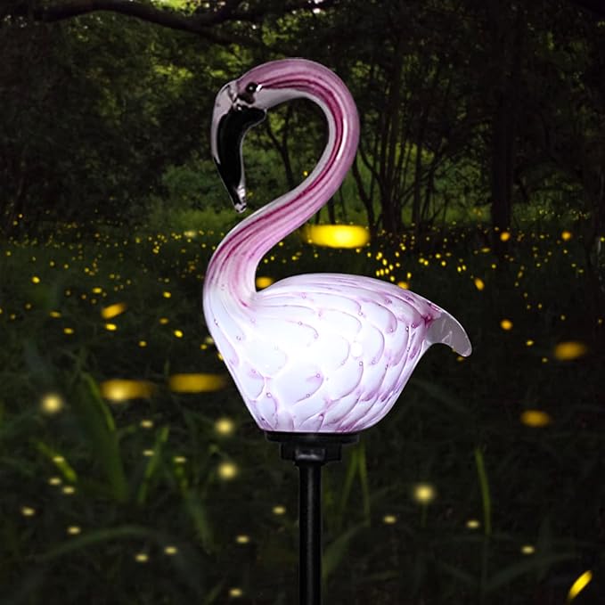 Afirst Solar Outdoor Lights Decorative - Solar Garden Stake Lights Flamingo Handblown Glass Stake Garden Pathway Light Outdoor Waterproof Glass Stakes for Pathway Yard Lawn Decoration