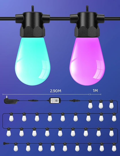 IP67 Waterproof DIY Design 100FT 30LEDS Smart RGB+IC Outdoor String Lights,Color Changing Bluetooth S14 LED Patio Lights with Remote&APP for Outside