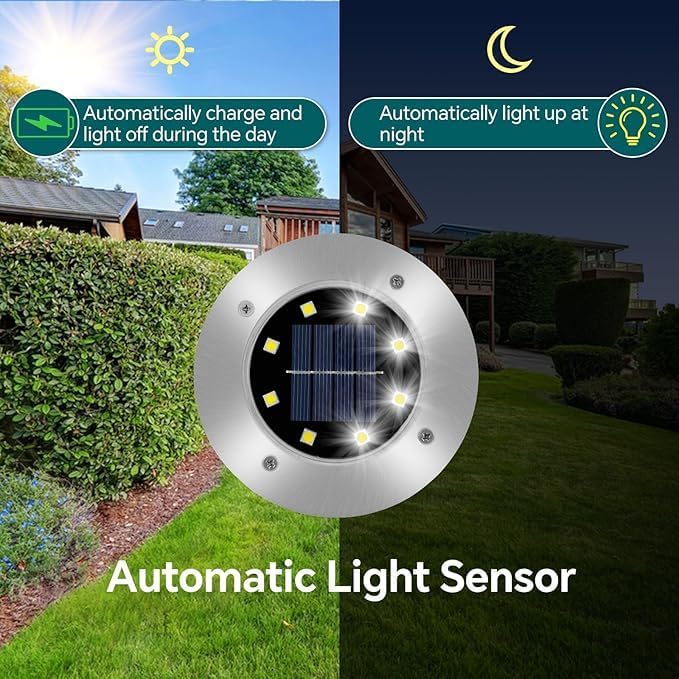 4 Pack Solar Deck Lights, 8 LEDs Solar Ground Lights Outdoor Garden, Bright White Light, IP65 Waterproof, Decking | Lumora