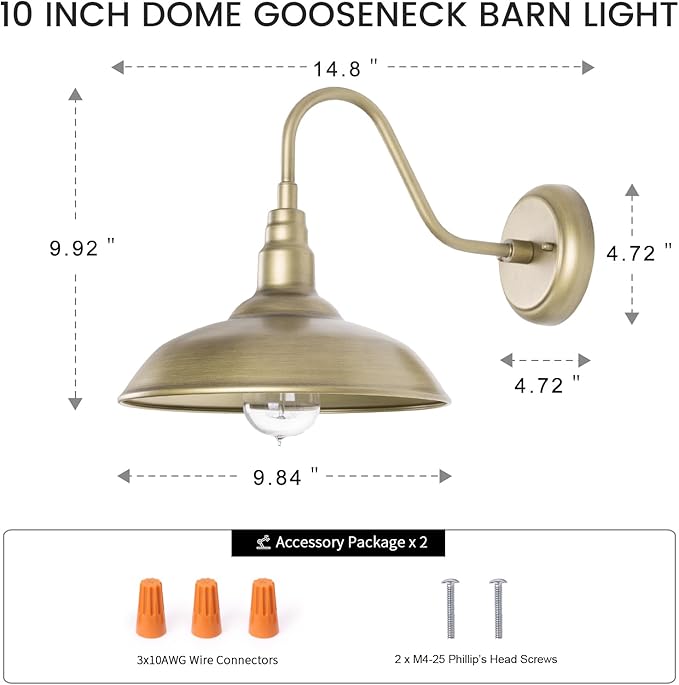 Brass Outdoor Gooseneck Light, 10'' Diameter Gooseneck Barn Wall Sconce for Porch, Exterior Waterproof Farmhouse | Lumora