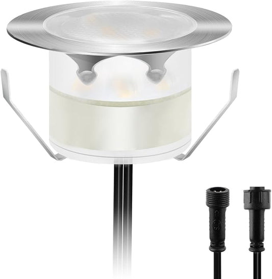 Led Deck Lights Outdoor Waterproof Low Voltage Stainless Steel 1W Outdoor Yard Garden Decoration Lamps Landscape Pathway Patio Step Stairs LED Cool White In-ground Lights(Silver Border,1 Pack)