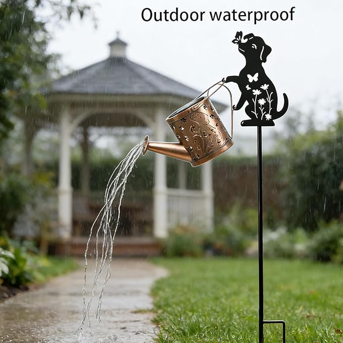 Outdoor Solar Dog Garden Decorative,Solar Watering Can with Light, Featuring Metal Dog Statue Silhouette Stake, Day | Lumora