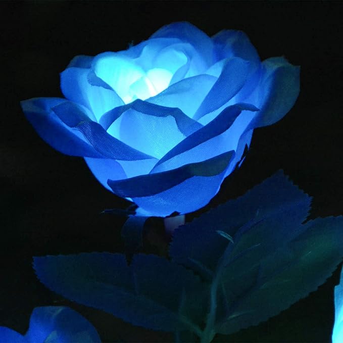 [Upgraded 6 Flowers]Solar Powered Decorative Rose Garden Stake Lights, Waterproof Realistic Artificial Flowers for Outdoor Flower Bed Patio Yard Pathway Memorial Cemetery Grave Decorations, Blue
