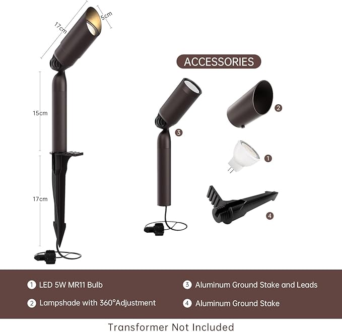 Outdoor Low Voltage Landscape Lighting - 12V Cast Aluminum Spot Lights with 5W 3000K Warm White LED Bulb Waterproof | Lumora