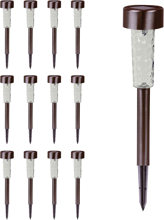 Crosslight Solar Powered Pathway Lights (12 Pack) - Stainless Steel Outdoor White LED Lights, Waterproof for Garden, Yard, Patio, Lawn, Walkway - Decorative Ground Stake Lighting | Bronze