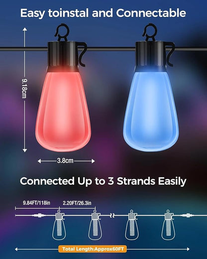 litogo 60FT Color Changing Outdoor String Lights with Remote - Dimmable LED RGB Patio Lights for Outside with Shatterproof Waterproof Edison Bulbs for Yard Gazebo Party Wedding Holiday