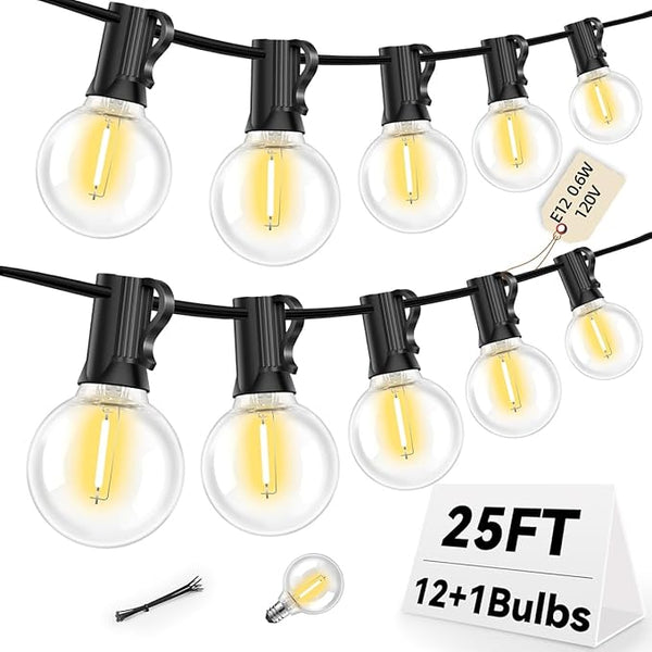 25FT G40 LED Outdoor String Lights with 12+1 Bulbs, E12 Socket, 2700K Warm White, Commercial Grade Weatherproof & | Lumora
