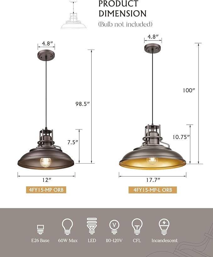 FEMILA Farmhouse Pendant Light,12" Barn Vintage Hanging Light Fixture for Kitchen Island, Adjustable Height,Oil Rubbed Bronze Finish, 4FY15-MP ORB