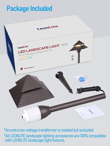 LEONLITE 3CCT Low Voltage Pathway Lights, LED Landscape Path Lights, 3000K/4000K/5000K, 2-Tier Pagoda Head, 12-15V AC/12-24V DC, IP65 Outdoor Walkway Light, Bronze Aluminum Housing, Pack of 6