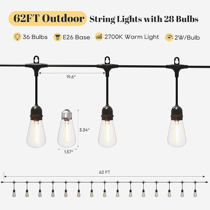 LED Outdoor String Lights, Bulbs Shatterproof Patio Lights with 8 Lighting Modes, 4-Level Dimmable Warm White, Waterproof Hanging Lights for Garden, Pergola, Bistro, Party Decor, Dimmable 2700K (62FT)