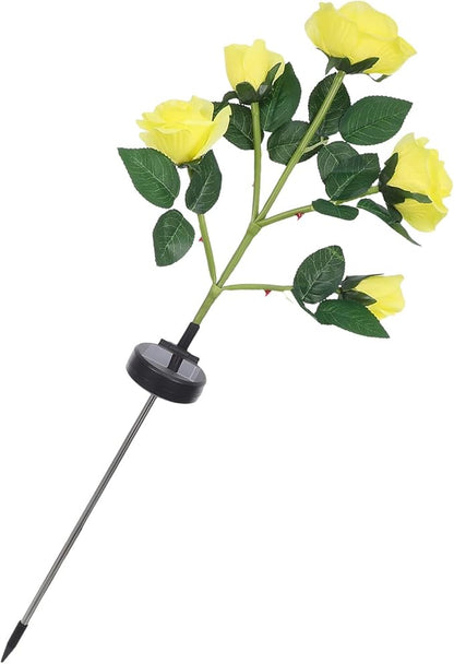 Cabilock 2pcs Solar Garden Flower Lights Outdoor Solar-Powered Yellow Rose Lamp with 5 Heads, Waterproof Landscape Pathway Lawn Stake Lights for Patio and Yard Decor