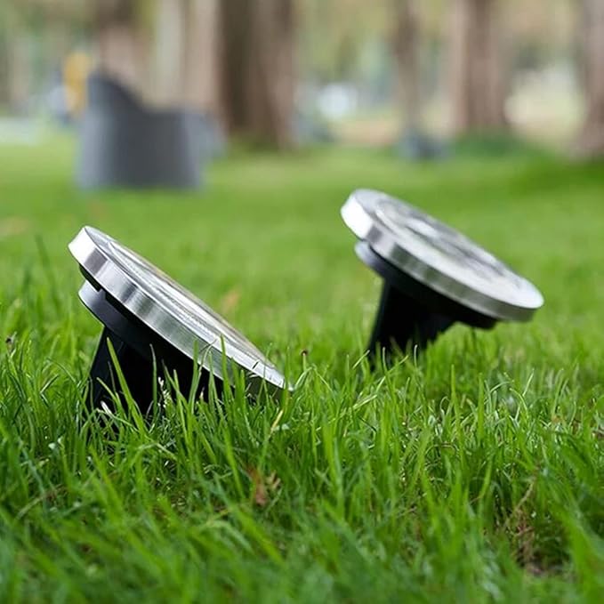 Solar In-Ground Lights Outdoor 8 LED Disk Light Solar Powered Landscape Path Lights for Garden Lawn Yard Patio Pool Patio Deck Driveway Walkway Pathway,Silver Finish,4 Pack (Warm White)