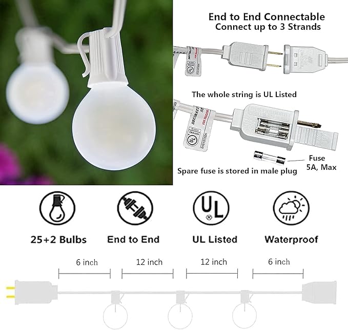 SUNSGNE 25 Pack Frosted White Replacement Bulbs & 25ft G40 Frosted String Lights, 5 - Outdoor Lighting Accessory | Lumora