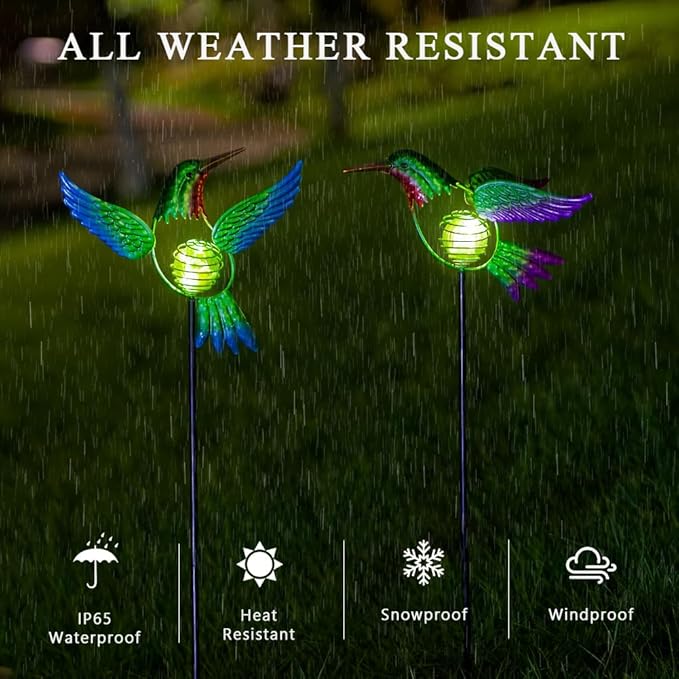Hummingbird Solar Garden Stakes Lights 2 Pack,Solar Hummingbird Bird Figurine Outdoor Lights for Spring Garden Pathway Lawn Yard Decoration