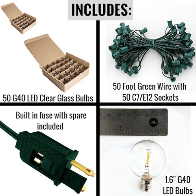 Hometown Evolution, Inc. G40 LED Warm White Outdoor Patio String Lights with 0.6 Watt Bulbs (G40 LED Filament - Green Wire, 50 ft)
