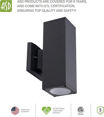 ASD 2 Light Square Outdoor Wall Light Fixture | 120W E26 Bulb Socket 120V ETL Cylinder Up Down Lights | LED/CFL/Incandescent Exterior Bulb Wall Sconce | Front Door, Porch, Patio | Black
