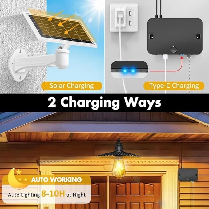 Solar Pendant Light Indoor Outdoor Solar Shed Light IP65 Waterproof 2 Charging Way Hanging Gazebo Barn Lights with Pull Cord