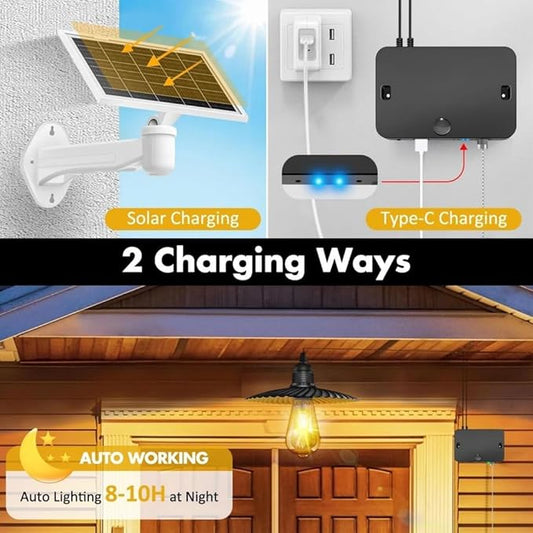 Solar Pendant Light Indoor Outdoor Solar Shed Light IP65 Waterproof 2 Charging Way Hanging Gazebo Barn Lights with Pull Cord
