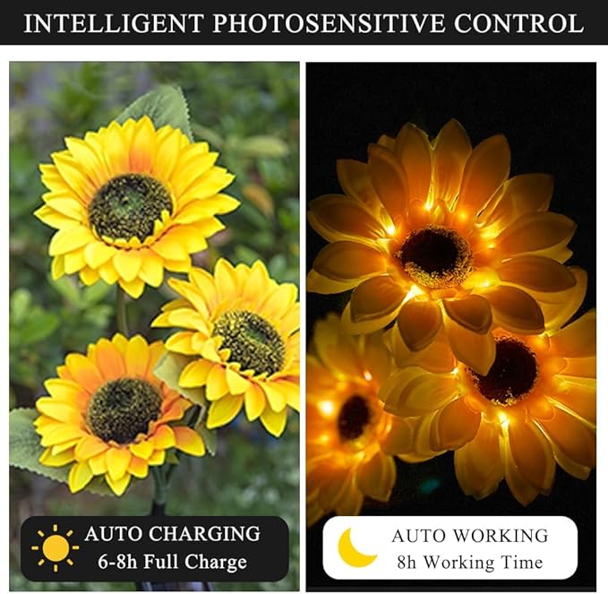 Solar Lights Outdoor, Decorative Animal & Flower Shaped Landscape Lights with Warm/Colorful LED, Auto On/Off Waterproof Solar Powered Decor for Yard Lawn Patio Gift Idea (Warm-Sunflower-2pack)