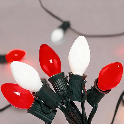 C7 LED Christmas Lights Outdoor, 25Ft Christmas Red White String Lights with 27 Ceramic LED Bulbs(2 Spare), Connectable Vintage Xmas Light for Xmas Tree Roofline Wedding Party Holiday Decor