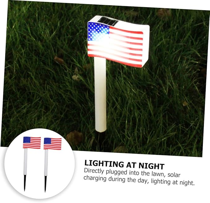 Gadpiparty 2pcs Solar LED American Flag Garden Lights, Solar Pathway Lamps with Ground Plug, Outdoor Landscape Lighting for Independence Day Decoration Random Color