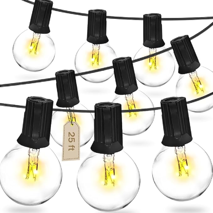 25FT G40 Globe Patio Lights with 20 Edison Glass Bulbs(4 Spare),5W E12 Base Warm Yellow Outdoor String Lights,for Indoor/Outdoor Commercial Decor