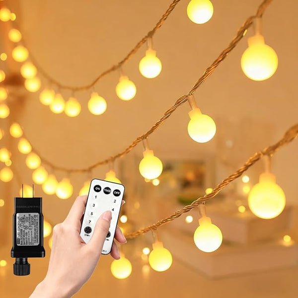 180ft Globe String Lights with 16ft Extended Lead & Stable Remote - 300 LED Warm White, 8 Distinct Modes, IP44 | Lumora