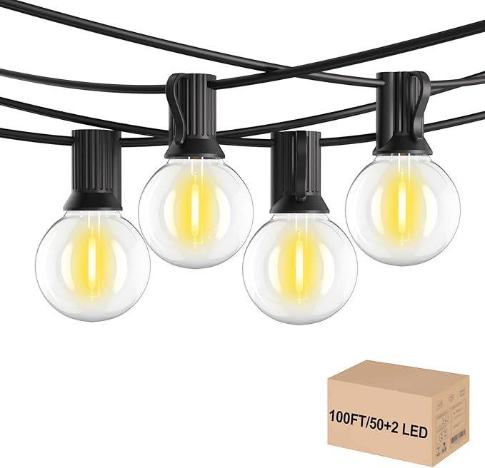 Outdoor String Lights 100FT,G40 50+2 Bulbs String Lights for Outside - 2700K Warm White, 25000H Long Life, IP45 Waterproof & Shatterproof, Mains Powered Garden Lights for Gazebo/Patio