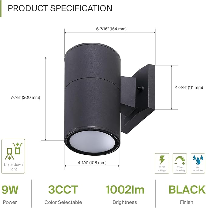 ASD 1 Light LED Indoor & Outdoor Wall Light Fixture | 9W 1000LM 3000K-5000K 120V Cylinder Up Down Lights | Dimmable | Lumora