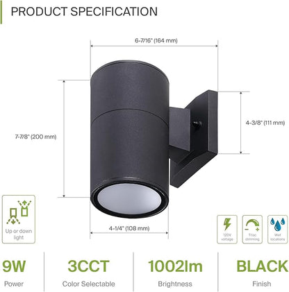 ASD 1 Light LED Indoor & Outdoor Wall Light Fixture | 9W 1000LM 3000K-5000K 120V Cylinder Up Down Lights | Dimmable Waterproof Exterior Wall Sconce | Front Door, Porch, Patio | Black, ETL 2 Pack