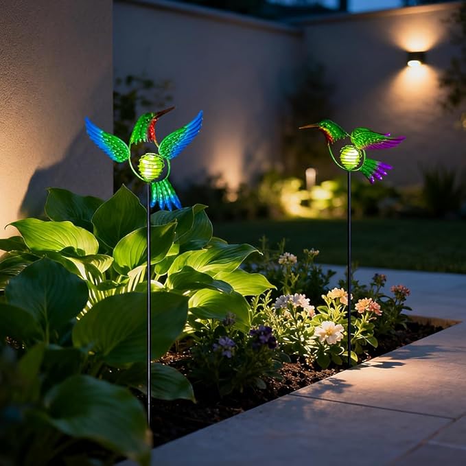 Hummingbird Solar Garden Stakes Lights 2 Pack,Solar Hummingbird Bird Figurine Outdoor Lights for Spring Garden Pathway Lawn Yard Decoration