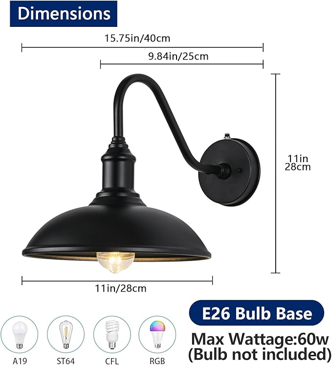 11 Inch Outdoor Gooseneck Barn Light Dusk to Dawn, Classic Black Galvanized + Painted Waterproof and Rustproof Wall | Lumora