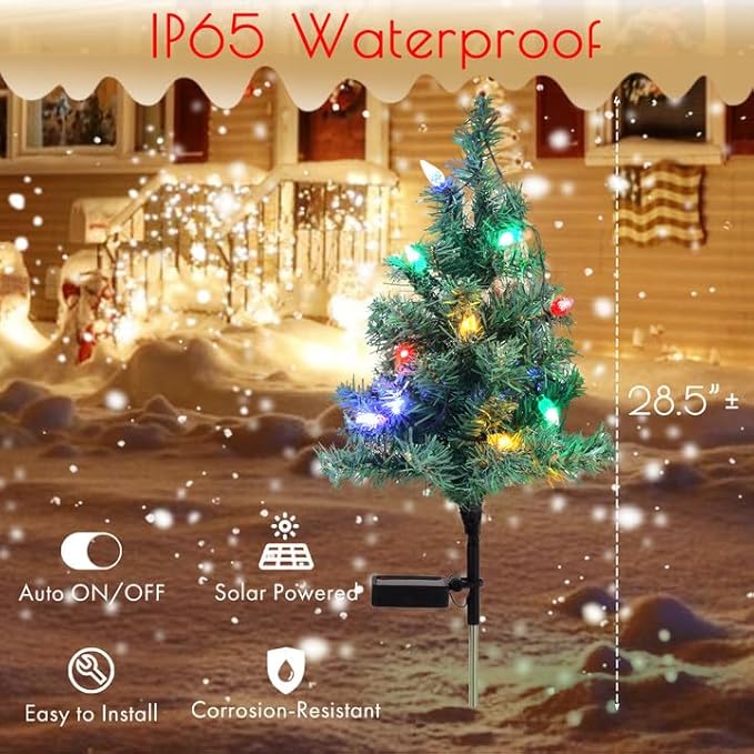 Solar Christmas Tree Lights Decorations - Outdoor Waterproof Xmas Pathway Stake with 20 Strawberry LED in 4 Colors for Garden/Patio/Lawn/Yard, Ornament 2 Packs