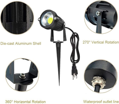 Pack of 2, Youngine Outdoor COB 5W LED Landscape Lights IP65 Waterproof COB Spotlights with Spiked Stand and US Plug for Outdoor Flag, Yard, Lawn, Tree(Cool White)