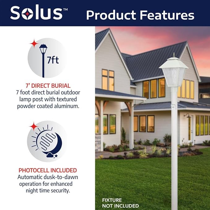 Solus 7-Foot Direct Burial Lamp Post – Aluminum Outdoor Light Pole with Dusk-to-Dawn Sensor – Fits 3" Fixtures – | Lumora