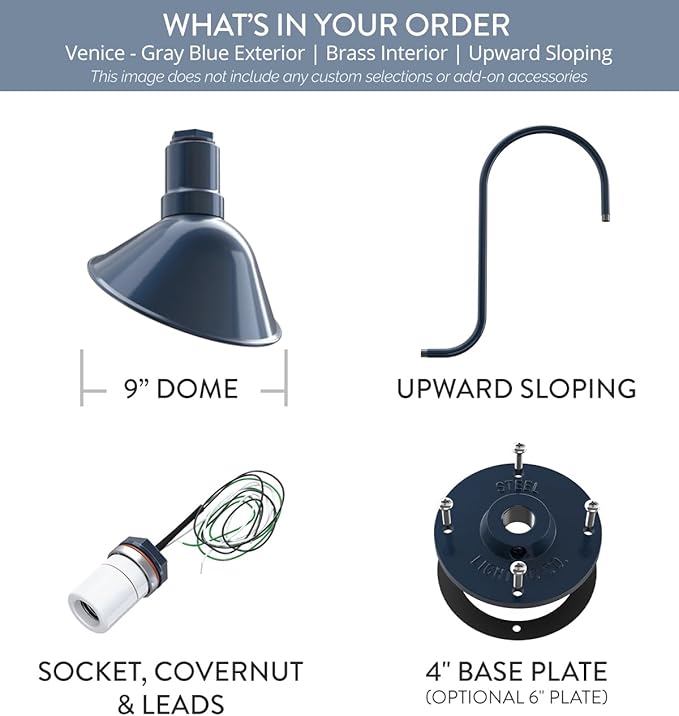 Steel Lighting Co. Venice Store Sign Light | for Outdoor Restaurant Accent Wall | 9 inch Dome | Upward Sloping Gooseneck | Made in America | Gray Blue Exterior/Brass Interior