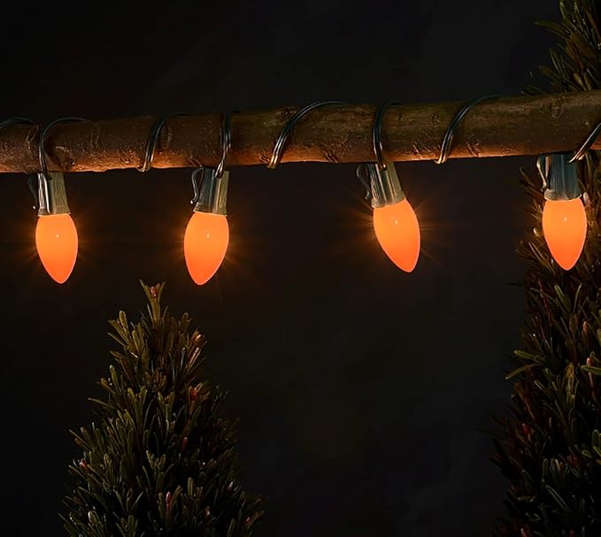 C9 Ceramics Orange String Lights, 25Ft Outdoor Halloween String Light with 26 Ceramics Orange Bulbs(1 Spare), Halloween Lights for Indoor Outdoor Party Holiday Decor, Black Wire