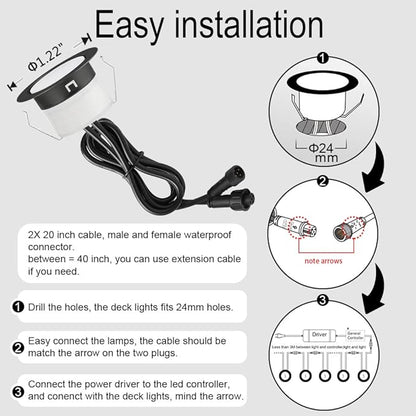Sumaote 10Pcs WiFi RGBW Deck Lights Kit, 1.22" Recessed Low Voltage Step Lights Outdoor, IP67 Waterproof RGB and 3000K Dimmable Landscape Lighting for Stairs Path Pool Side, Smart APP Control