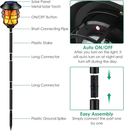 TomCare Solar Outdoor Lights Metal Flickering Flame Torches Waterproof Heavy Duty Pathway Landscape Lighting Dusk to Dawn Auto On/Off for Garden Patio Yard, 4 Pack