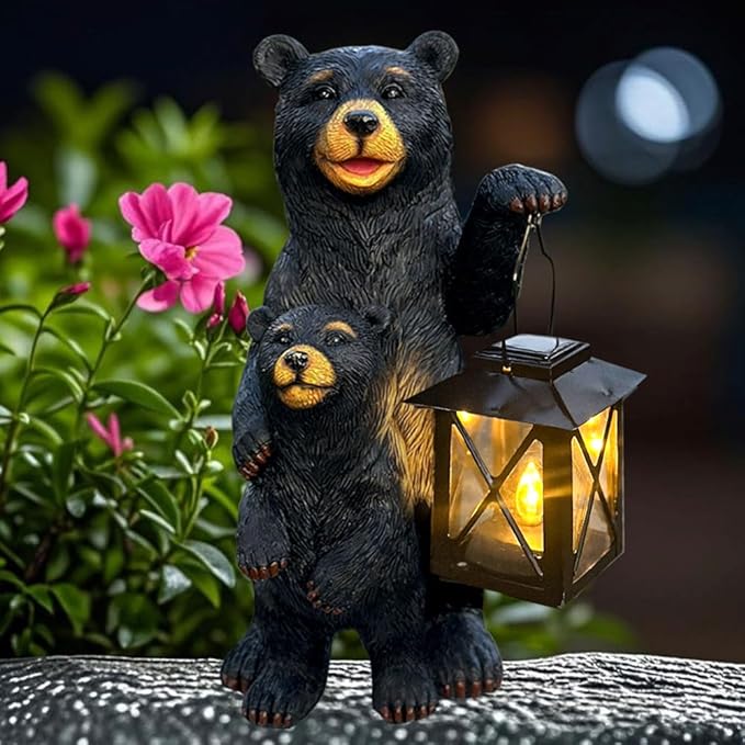 Solar Powered Black Bear Statue Decorative Lights - 10 Inch 1 Pack Black Bear Statue Outdoor Garden Patio Tabletop Decoration, Best Garden Gift for Mom, Lady