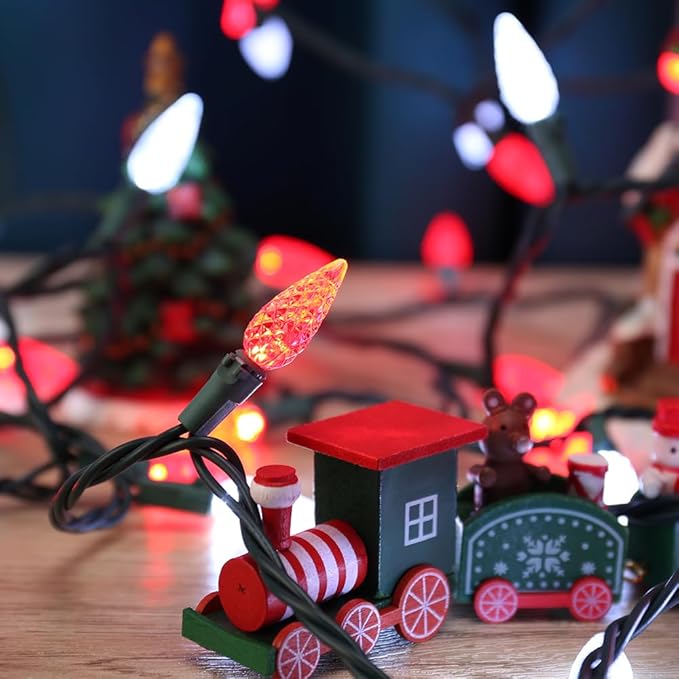 Brizled C5 Christmas String Lights, 33ft 100 LED Christmas Tree Lights, 120V Connectable Faceted Xmas String Light Indoor Outdoor Xmas Lighting for Home Tree Roof Party Decor, Red & Cool White, 2 Pack